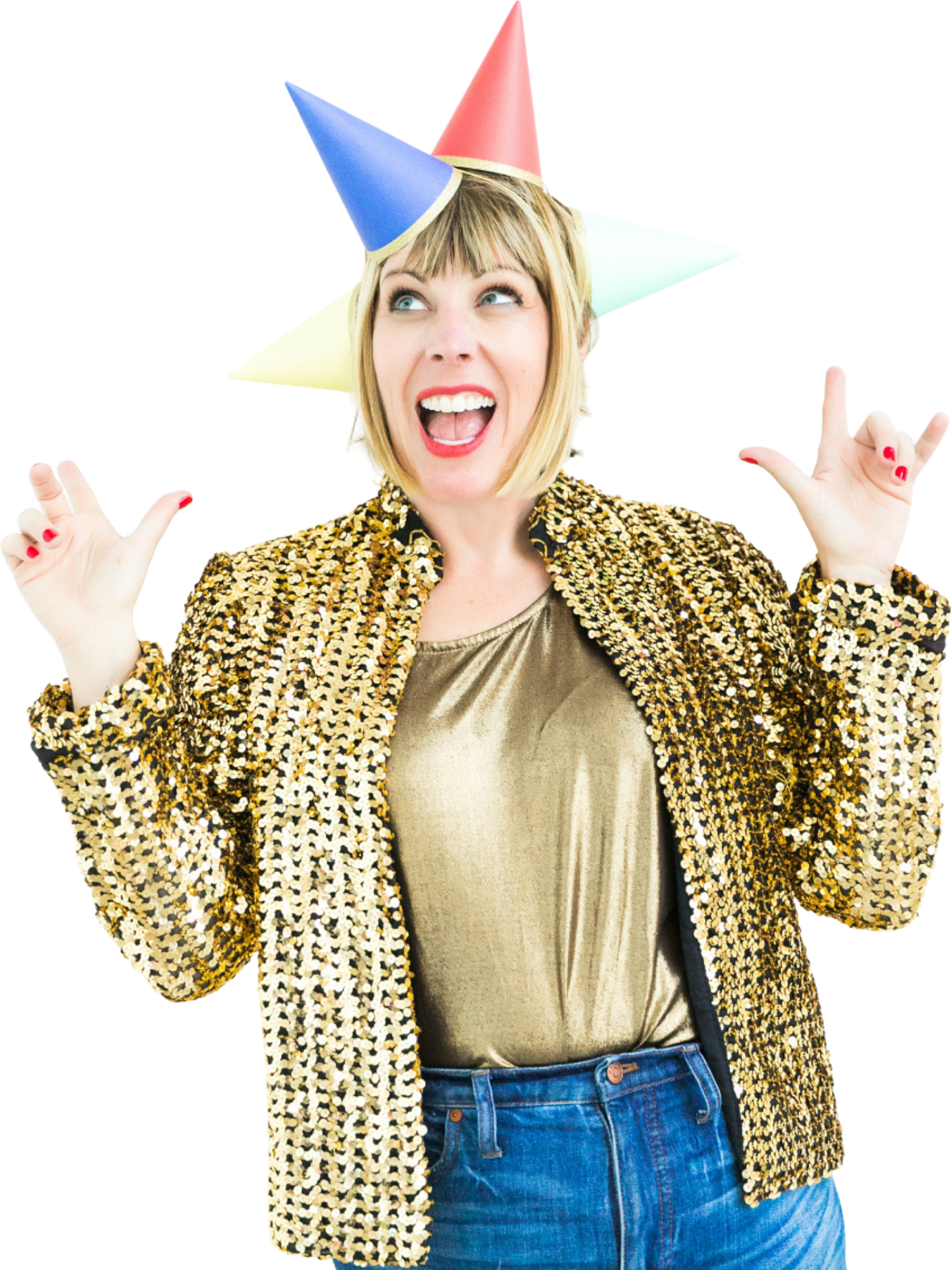 Kara in a gold sequin jacket and stacked party hats, cheering